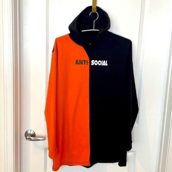 PRETTY LITTLE THING | “ANTI SOCIAL” Orange & Black Hooded Sweatshirt - Picture 3 of 7